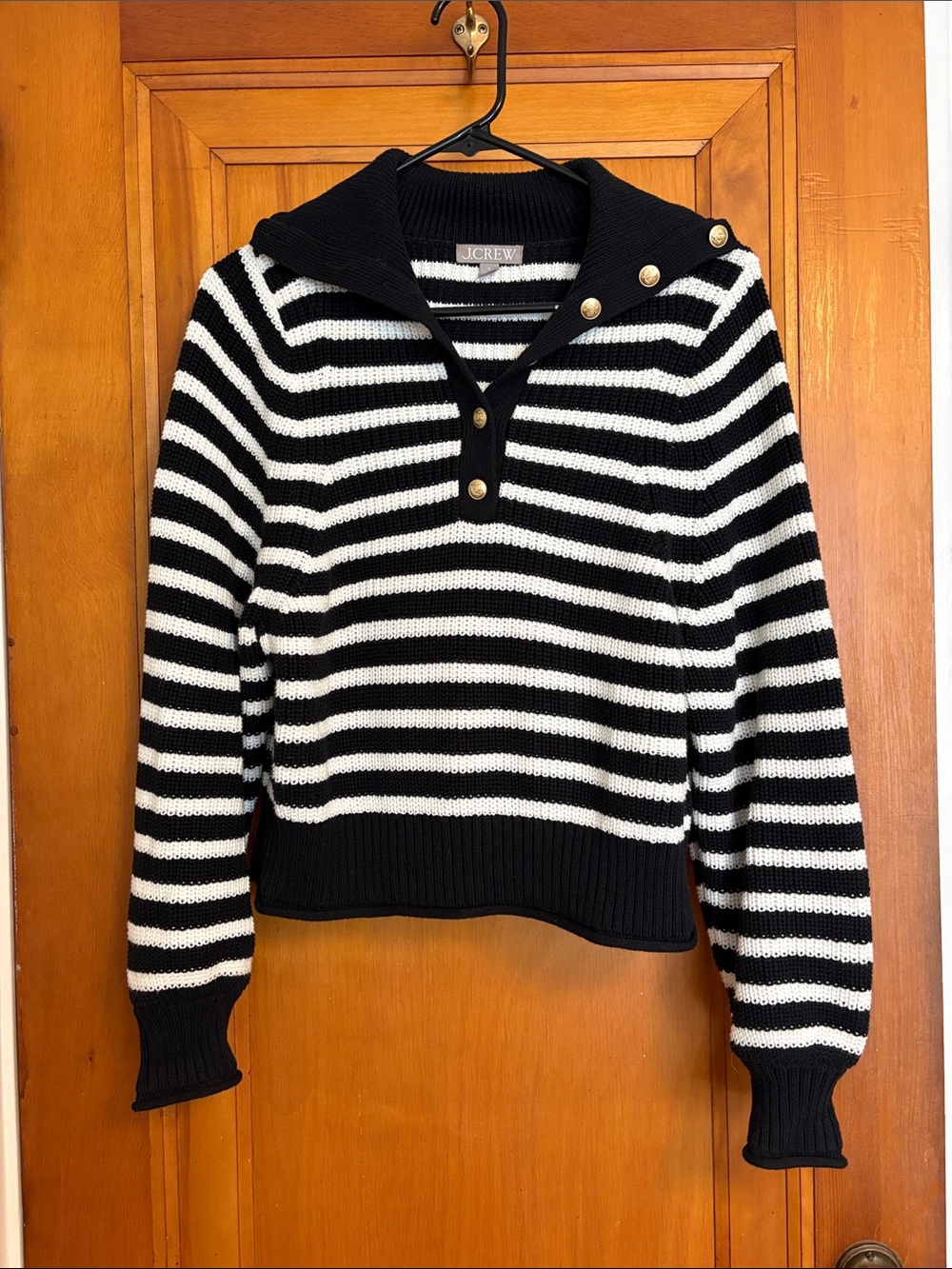 J. Crew Black & White Striped Cowl-Snap Sweater
